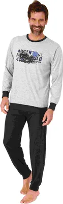 Produktbild von Herren langarm Schlafanzug mit Bündchen Pyjama in tollen Farben und mit Frontprint ; grau-mel. , 48