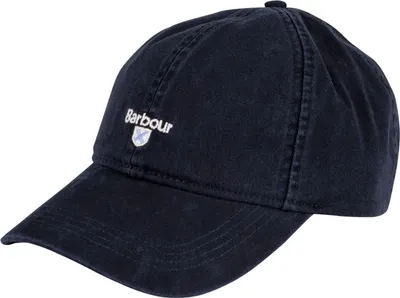 A navy blue Barbour baseball cap is shown against a white background.