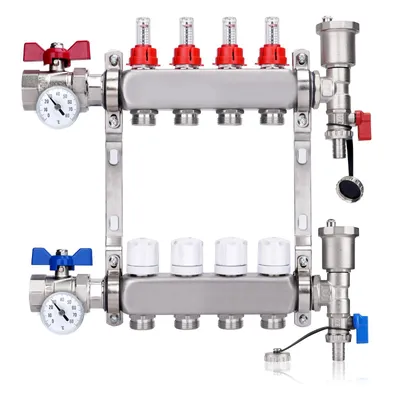 Produktbild von 4 Heizkreise Heizkreisverteiler inkl. 1" Kugelhähne mit Thermometer Entlüfter Flussmesser Durchflussmesser | für Eurokonus 3/4 | Fußbodenheizung HKV