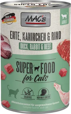 Produktbild von MAC's CAT ENTE, KANINCHEN, RIND, Adult, jede Rasse, Rind, Ente, Kaninchen, 400 g, Getreidefrei