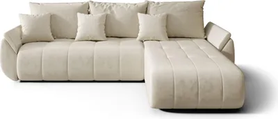 A beige sectional sofa with multiple cushions is shown against a white background.