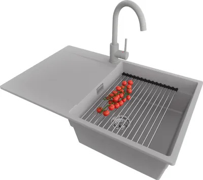 Produktbild von PRIMAGRAN Granitspüle Grau 78x50cm, Spülbecken 1 Becken + Ablauf-Set + Küchenzubehörset, Küchenspüle ab 50er Unterschrank - San Francisco