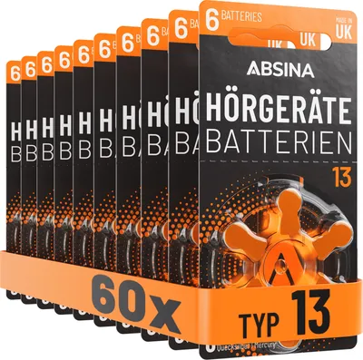 Produktbild von ABSINA 60x Hörgerätebatterien 13 mit gut greifbarer Schutzfolie - Hörgeräte Batterien PR48 ZL2 P13 Zink Luft 1,45V