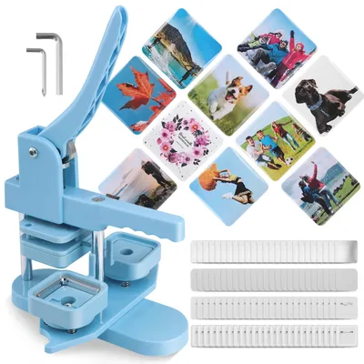 Immagine prodotto di Macchina per bottoni quadrati 50x50 mm - Macchina per bottoni e spille - Pressa manuale a rotazione - Con stampo - Per magneti da frigorifero e spille - Blu