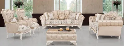 Produktbild von Casa Padrino Luxus Barock Wohnzimmer Set Beige / Weiß - 2 Sofas & 2 Sessel & 1 Hocker - Wohnzimmer Möbel im Barockstil - Edel & Prunkvoll