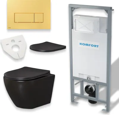 Produktbild von BADLAND WC Set: Vorwandelement C201 inkl. Wand Tiefspül WC Desna Schwarz + Betätigungsplatte Gold M571 + Slim WC-Sitz mit Soft-close + Schallschutzmatte