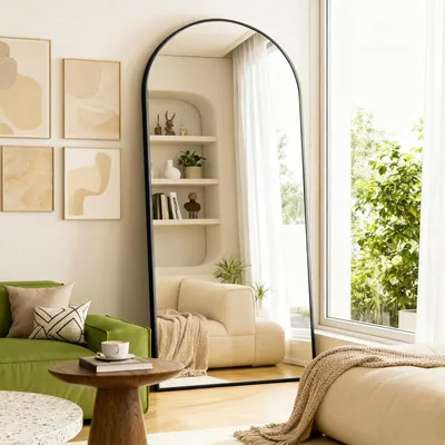 Immagine prodotto di Specchio a figura intera, forma curva, 190x85 cm, colore nero, vetro di sicurezza, modello da appoggio e da parete