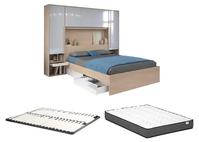 Produktbild von Bett mit Stauraum + Lattenrost + Matratze - 160 x 200 cm - Mit LED-Beleuchtung - Holzfarben & glänzend weiß - VELONA