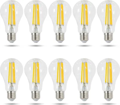 Ten clear glass LED light bulbs with yellow filaments are arranged in two rows on a white background.