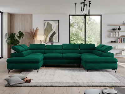 Produktbild von Wohnzimmersofa mit Schlaffunktion, U-form, verstellbare Kopfstützen, Bettkasten - PEDRO U - Velvet - Grün