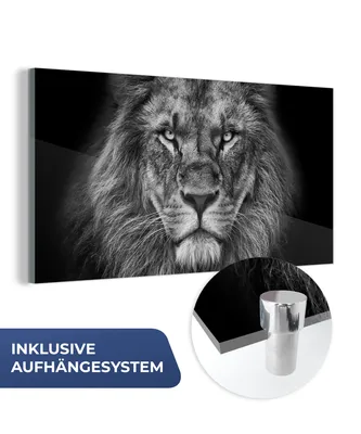 Obrázok produktu pre MuchoWow® Sklenené obrazy - Obrazy na stenu - Foto na skle Zvieratá - Lev - Čierna - Biela - Portrét 80x40cm Nástenná dekorácia zo skla - akrylový sklenený