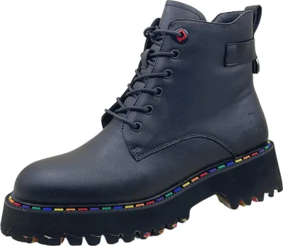 A black lace-up boot with a thick sole and colorful stitching.