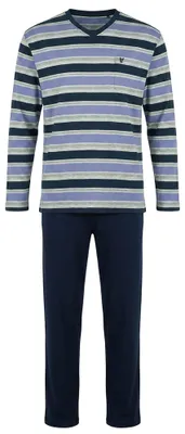 Produktbild von hajo Herren Schlafanzug lang - Klima-Light, lang, V-Neck, gestreift, Baumwollmix Blau L
