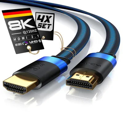 Immagine prodotto di Set di 4 cavi HDMI Primewire 2.1, lunghezza 2 metri, velocità ultra elevata, supporto 8K a 120 Hz con DSC, eARC e HDR10 Plus, connettori placcati in oro, cavi per monitor, 4 pezzi, colore nero e blu