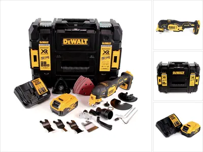 Zdjęcie produktu dla Akumulatorowe narzędzie wielofunkcyjne DeWalt DCS 356 P1 18 V bezszczotkowe + 35 akcesoriów + 1x akumulator 5,0 Ah + ładowarka + TSTAK