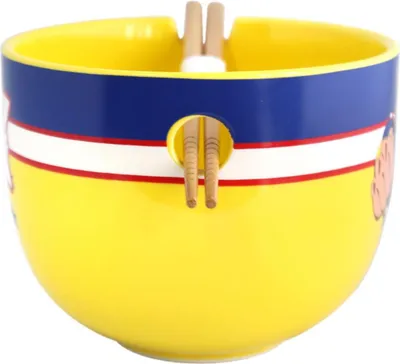 A close-up view of a ramen bowl with chopsticks inserted.