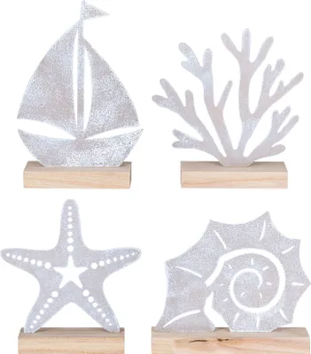 Produktbild von 4er Set Aufsteller Deko Maritim Holz Metall Natur Muschel Boot Meer Tischdeko