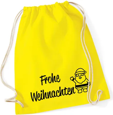 Produktbild von Huuraa Turnbeutel Frohe Weihnachten Weihnachtsmann 12 Liter Yellow Baumwolle Rucksack Geschenkidee