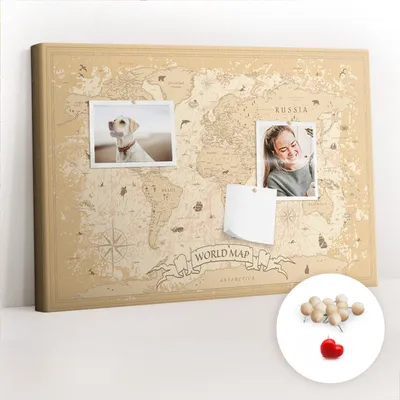 Obrázek produktu pro Korková nástěnka s kolíčky - Tabule s kolíky pro fotografie a poznámky - 60x40 cm - Připínáčky dřevěné 100 kusů - Vintage mapa světa
