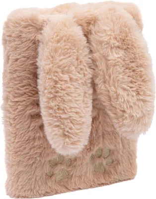 A fluffy, beige notebook with bunny ears and paw prints.