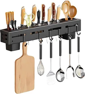 Produktbild von Famanu Wandregal Küchenutensilien - Kräuterregal mit abnehmbaren Haken - 60 cm Länge - Schwarz