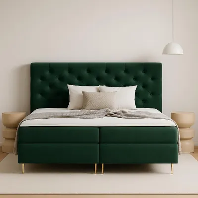 Produktbild von GUTTO Boxspringbett LIVIA 200 x 200cm 2x Bettkasten TOPPER 5cm Gratis Grün Velour hohe goldene Beine