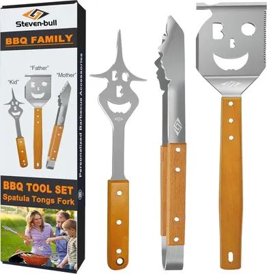 Produktbild von Grillbesteck-Set 3-teilig Edelstahl Holzgriff Grillzange Grillwender Fleischgabel 43,2 cm
