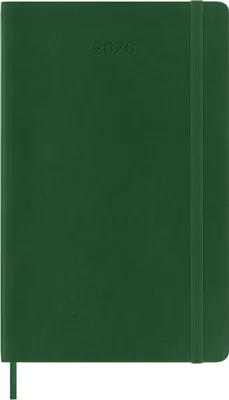 A green Moleskine planner is shown from the front.