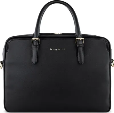 A black business bag with handles and gold buckles.