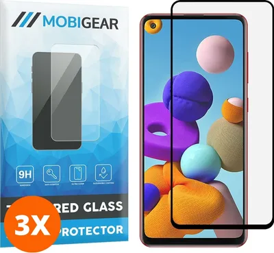 Produktbild von Mobigear Premium 9.98 Samsung Galaxy A21s Panzerglas Gehärtetes Glas Displayschutz - Hüllenfreundlich - Schwarz (3er Pack)