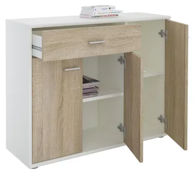 Produktbild von Sideboard ESTELLE Mehrzweckschrank,weiß/Sonoma Eiche mit 3 Türen und 1 Schublade, 88 cm breit