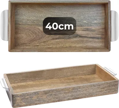 Productafbeelding van Marrakesch, bohemien decoratie, serveerplank, rechthoekig, van hout, 40 x 20 cm | Serveerbord "Kahide", geschikt als decoratieve tafeldecoratie voor keuken en woonkamer | Vintage ontbijtplateau met handgrepen van aluminium