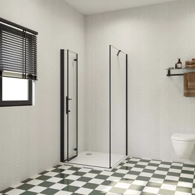 Produktbild von B:110xT:70xH:185cm 6mm ESG Nano Glas Schwarz Nischentür Falttür mit Seitenwan Eckeinstieg Duschkabine