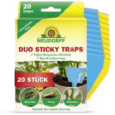 Produktbild von Neudorff Duo Sticky Traps - Blausticker gegen Thripse und Gelbsticker gegen kleine Fliegende Schädlinge wie Trauermücken, 20 Stück