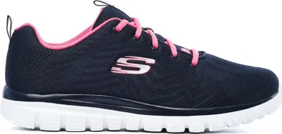 A side view of a navy blue Skechers athletic shoe with pink laces and trim, set against a white background.