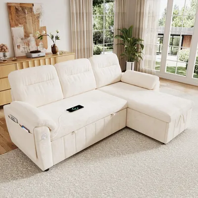 Produktbild von okwish L‑förmiges Sofa mit ausziehbarer Schlaffunktion, Ecksofa mit USB und Type‑C,Schlafsofa mit Stauraum,Chenille,Beige