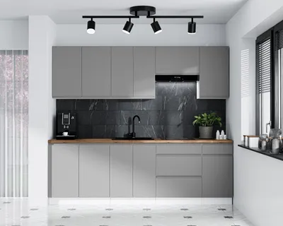 Image de AX LIVING Aquileia Kitchenette 240 cm - Gris avec caisson blanc & plan en chene Artisan