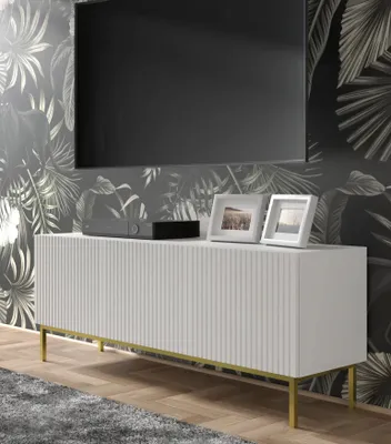 Produktbild von TV-Schrank RAVENNA B 150 cm 3D rahmen WEIß MATT / WEIß MATT Lowboard mit Metallfüße Stehen Unterschrank Fernsehschrank Modern Loft TV Board Sideboard HiFi-Tisch Golden oder Schwarz Metallrahmen Beine