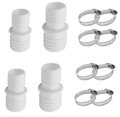 Zdjęcie produktu dla Złączki do węża basenowego, 32 mm do 38 mm, zestaw 4 sztuk z 8 opaskami zaciskowymi ze stali nierdzewnej