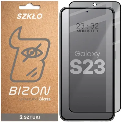 Produktbild von 2x Gehärtetes Glas mit Privatschutzfilter für Galaxy S23, Bizon Glass Edge Shadow Duo, getönt mit schwarzer Rahmen