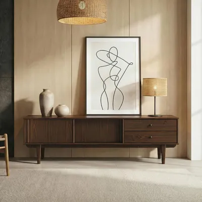 Produktbild von Lowboard SIMONA, 175 cm aus Massivholz, Nussbaum Finish - TV Lowboard mit 2 Schiebetüren und 2 Schubladen, Wohnzimmermöbel aus Kiefer, Flurmöbel mit viel Stauraum, Wohnzimmer Sideboard