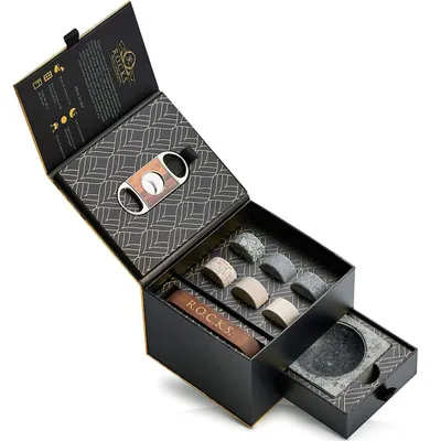 Immagine prodotto di Set regalo "Whisky Steine" con taglia sigari e posacenere - 6 pietre di granito, confezione con foglia d'oro