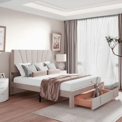 Produktbild von Čalúnená posteľ 140 x 200 cm posteľ s lamelovým roštom, operadlom a veľkou zásuvkou, flanelová látka šetrná k pokožke, manželská posteľ, posteľ pre dospelých, posteľ pre mladých, béžová