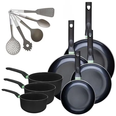 Image de Lot de 4 poêles 20/24/28/30 cm et 3 casseroles 16/18/20 cm Fackelmann Brandao avec 5 ustensiles de cuisine