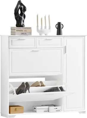 Image de SoBuy Armoire à chaussures en bois, étagère à chaussures, armoire de rangement pour chaussures, boîte à tiroirs à chaussures, avec 2 abattants, 2 tiroirs, 1 porte et 1 compartiment ouvert - Blanc