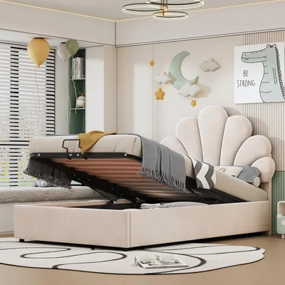 Imagen del producto de Cama tapizada Zerbaco con cajón para ropa de cama, 90x200 cm, cama individual, con sistema hidráulico, tapizada en suave terciopelo, color beige, con somier