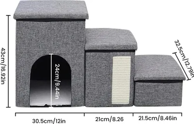 Image de Escalier pour animaux de compagnie - Escalier pliable pour chiens et chats - Avec boîte de rangement - Antidérapant - Pour petits chiens - Intérieur/extérieur et voyage - Plastique - Gris