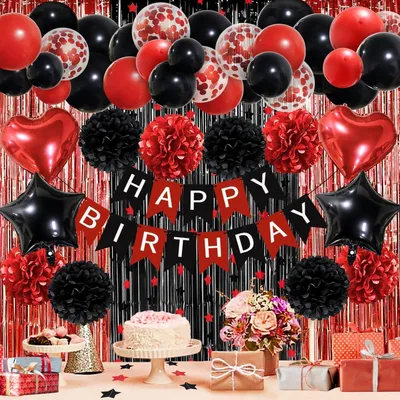 Produktbild von ZERODECO Geburtstagsdeko Happy Birthday Pompons Luftballons Fransen Vorhang Mädchen Frauen Kindergeburtstag Schwarz Rot