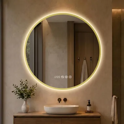 Produktbild von S'AFIELINA LED Badezimmerspiegel Rund Ø80 cm, Goldener Rahmen,3 Lichtfarben, stufenlos dimmbar, Antibeschlag, Uhr & Temperaturanzeige