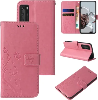 Produktbild von Handyhülle für Huawei P40 Floral Blumen Schmetterling Flip Cover Hülle Case Klapphülle Handytasche Farbe: Rosegold